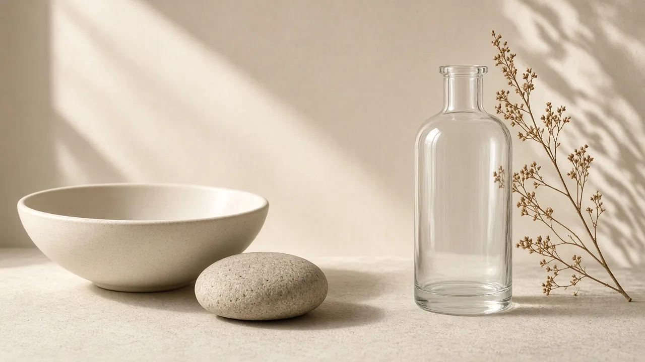 Editorial still life with stone, ceramic and soft natural light