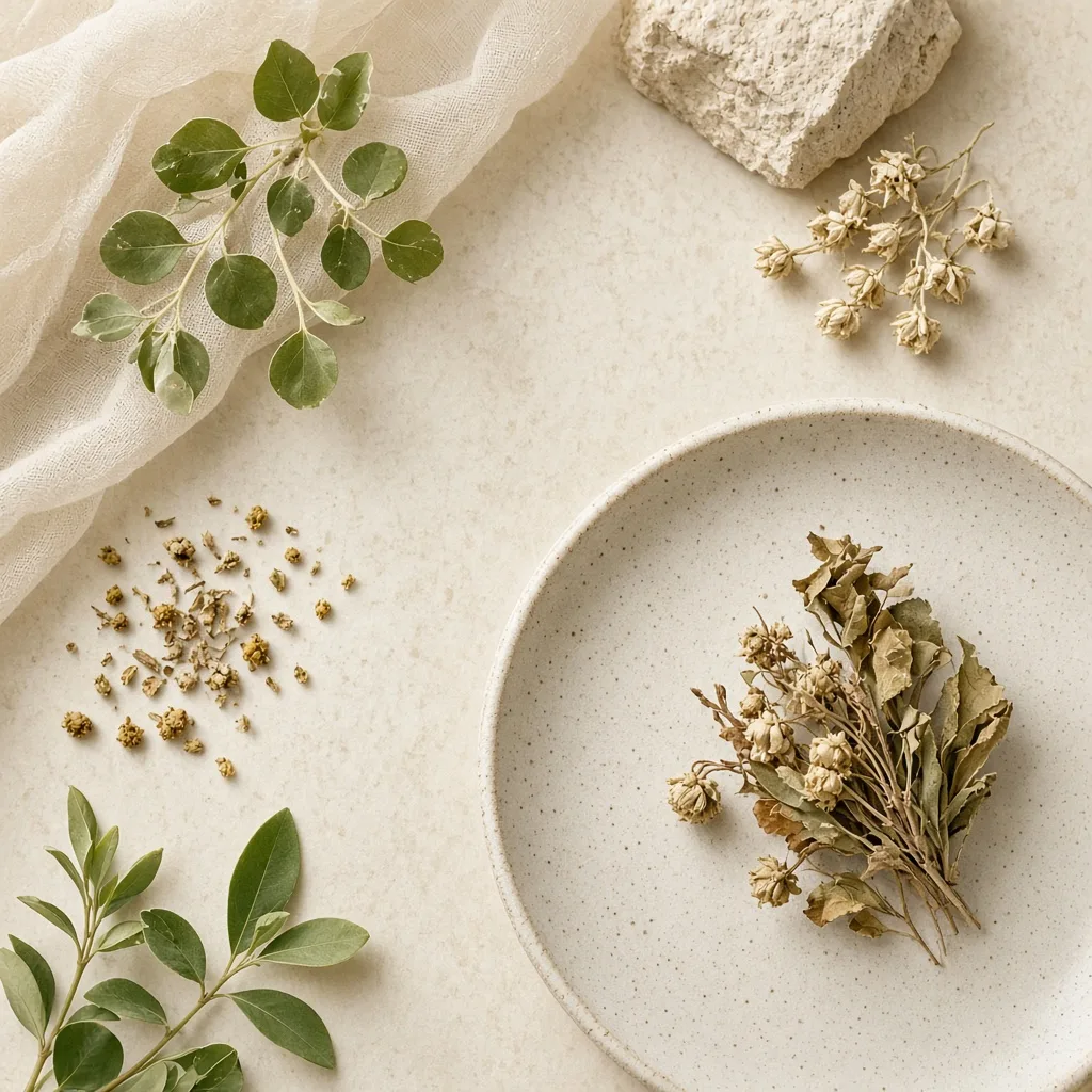 Subtle botanical elements on stone and ceramic