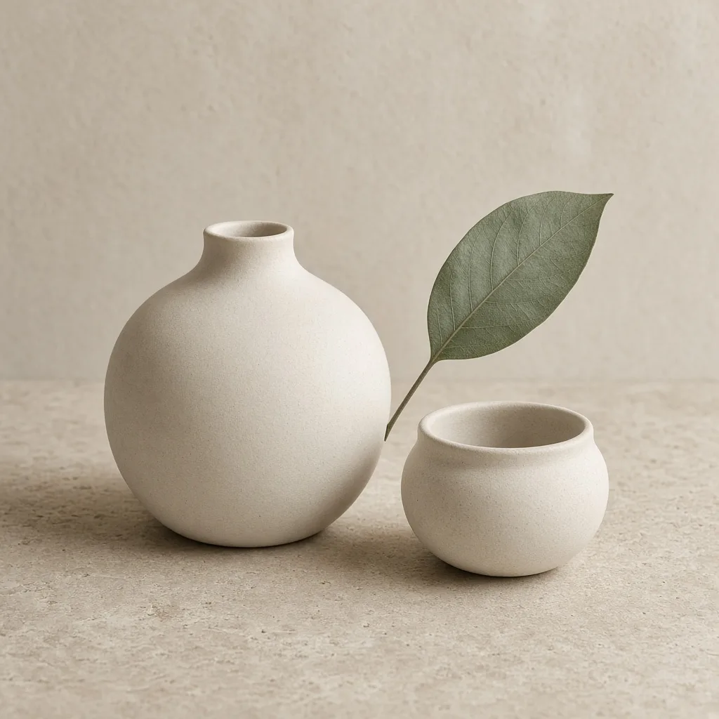 Soft ceramic vessels and botanical detail on warm stone